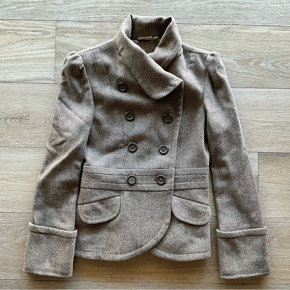 Women's Double-Breasted Herringbone Pea Coat - Taupe